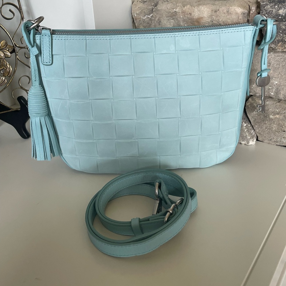 Elegant Blue Woven Leather Crossbody Bag